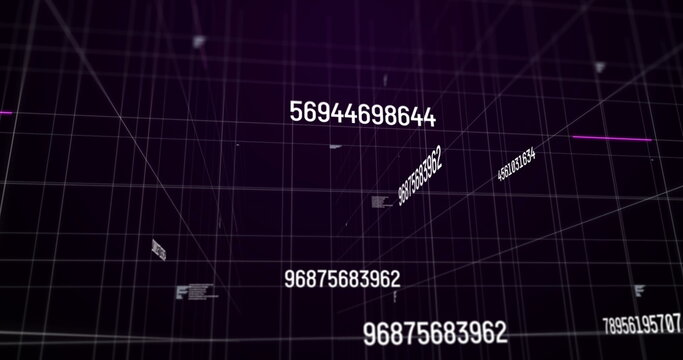 Image of numbers changing and data processing on black background