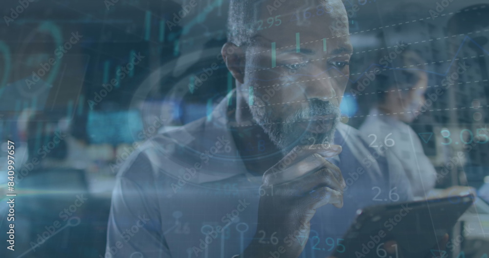 Poster image of data processing over businessman using tablet in office