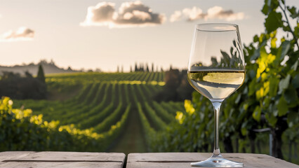 Fototapeta premium Sipping White Wine in a Sunny Vineyard. Concept Vineyard Photoshoot, Wine Tasting, Summer Outfit Inspo, Outdoor Elegance 