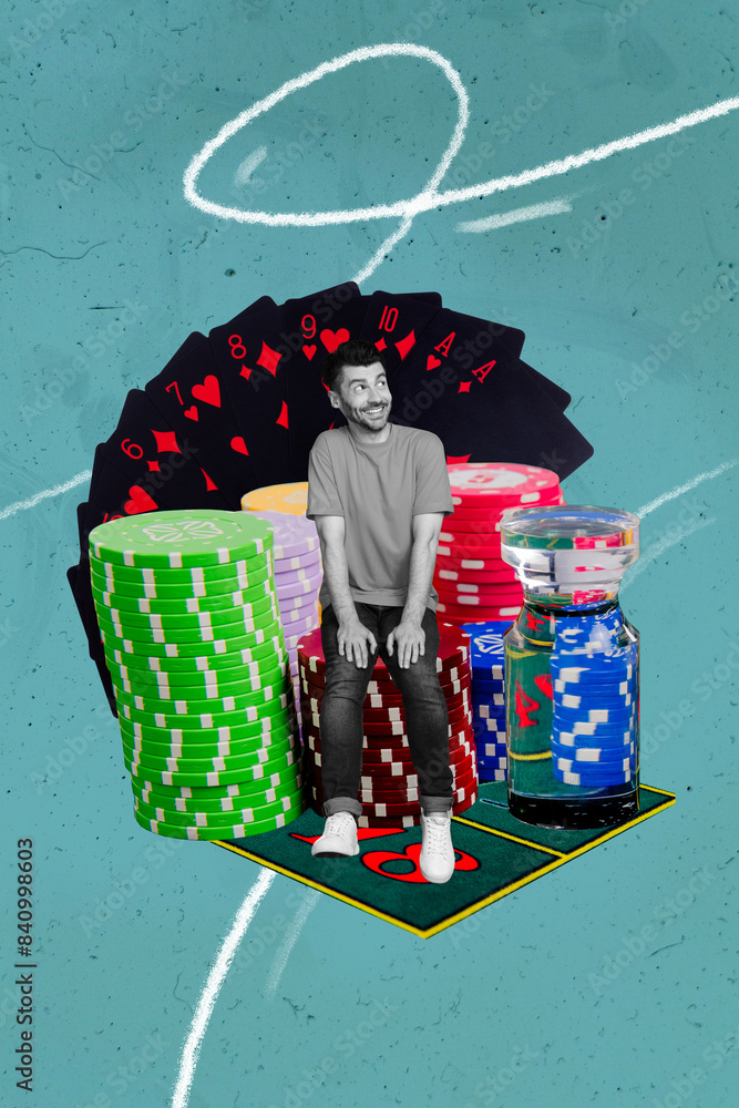 Poster Creative abstract template collage of funny man play casino cards chips las vegas freak bizarre unusual fantasy billboard