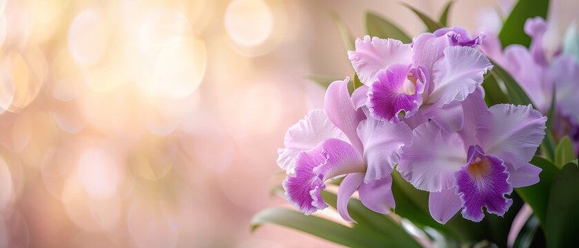 A stunning close-up of a cattleya orchid in full bloom, its large, fragrant petals displaying a mix of purple and white hues. flat design, minimalistic shapes with space for text