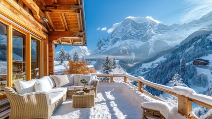 A wooden cabin with a balcony overlooking a snowy mountain. The cabin is cozy and inviting, with a comfortable couch and chairs on the balcony. The view of the mountains is breathtaking and serene