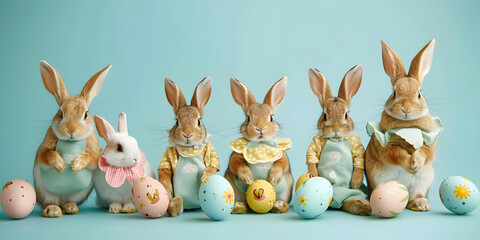Group of six cute baby bunnies adorable rabbits with easter eggs and spring flowers Celebrate with Our Happy Easter Bunny Banner Hop into Joy.