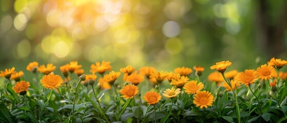 Obraz premium A charming garden scene featuring calendula flowers, their bright yellow and orange blooms standing out against green foliage. flat design, minimalistic shapes with space for text