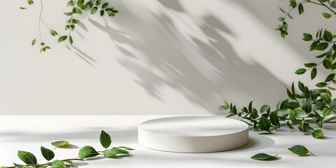 3d render of white podium with plant shadow on the wall.