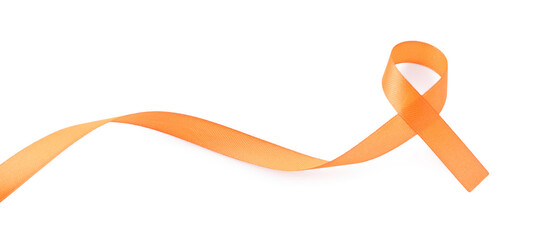 Orange awareness ribbon isolated on white, top view