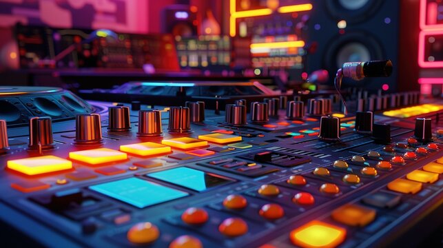 colorful music audio mixing board in closeup of a recording, audio track background in a dark recording, industrial machinery aesthetics, multimedia, selective focus, brightly colored