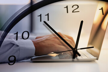 Man and clock, double exposure. Time concept