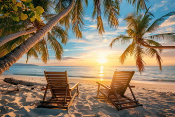 Beach chairs are placed on a beautiful beach with coconut trees.