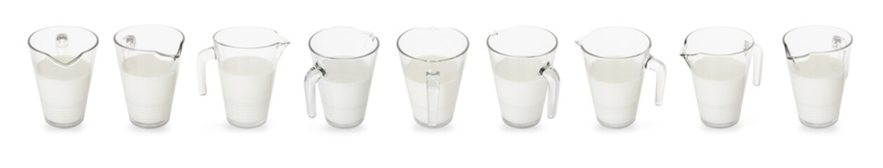 Fresh milk in jug isolated on white, set