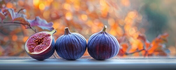 Close-up shot of three whole figs and one halved fig on a ledge with a beautiful autumn leaves bokeh background, capturing the natural texture and vibrant colors of the fruit