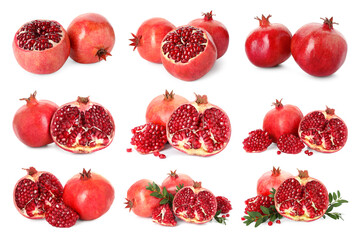 Whole and cut ripe pomegranates isolated on white, set