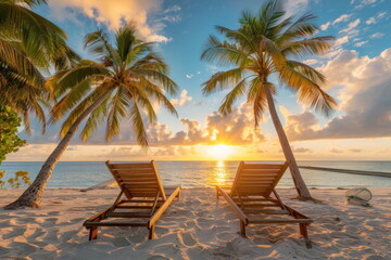 Obraz premium Beach chairs are placed on a beautiful beach with coconut trees.