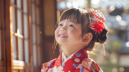 七五三 上を見上げる笑顔の女の子