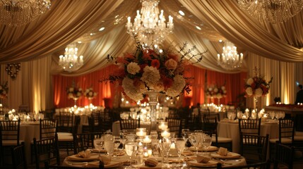 An elegant event with sophisticated decorations, including chandeliers, draped fabric, and a beautifully set dining table with fine china and crystal glasses