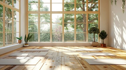 Fototapeta premium Sunlit Yoga Studio with Yoga Mats on Wooden Floors and Large Windows