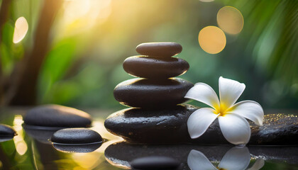 stack of black stones with white plumeria flowers in a blurred spa background, symbolizing...