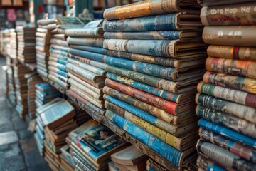 A vibrant and crowded bookstore featuring numerous stacks of books and magazines, meticulously arranged in a charming and cozy atmosphere, presenting a treasure trove for avid readers and book lovers