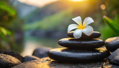 stack of black stones with white plumeria flowers in a blurred spa background, symbolizing tranquility and balance. Ideal for wellness and relaxation themes