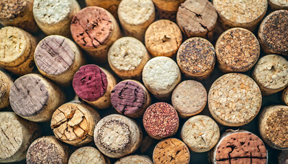 textured background featuring various wooden wine corks arranged in a pattern, symbolizing celebration, wine culture, and the art of winemaking. Ideal for food and drink-related concepts