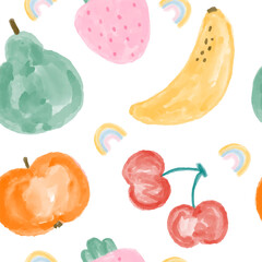 watercolor hand drawn red cherries, green pear, orange apple,pink strawberry on a white background, seamless pattern with fruits and berries	