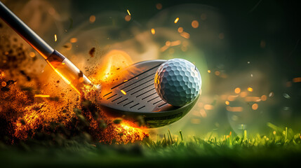 Close-up photo of a golf ball on fire being hit by a golf club