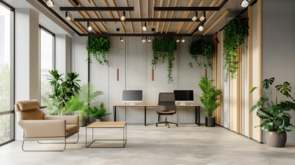 modern office minimalist style interior design with furniture and plants 