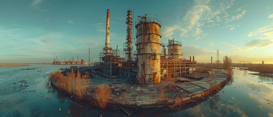 Obraz premium realistic photography of a big destroyed cyberpunk industrial complex created with Generative AI technology