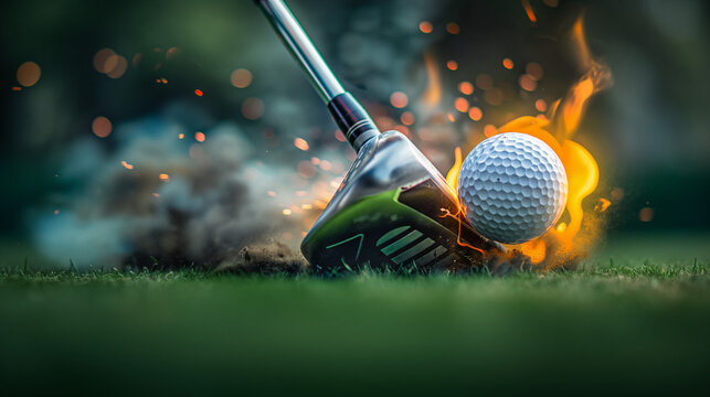 Close-up photo of a golf ball on fire being hit by a golf club