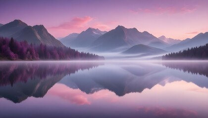 Fototapeta premium A panoramic view of a tranquil lake at dawn, with mist rising from the water and a backdrop of majestic mountains under a pink and purple sky.