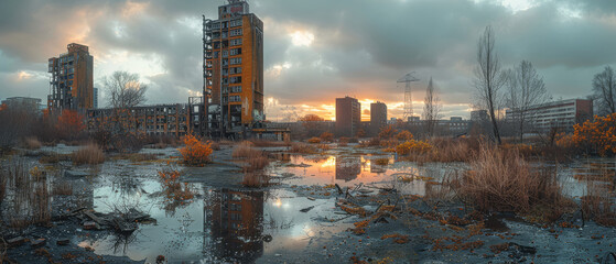 Obraz premium realistic photography of a big destroyed cyberpunk industrial complex created with Generative AI technology