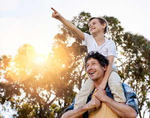 Happy, father and boy on shoulder pointing outdoor together for future journey, development and...