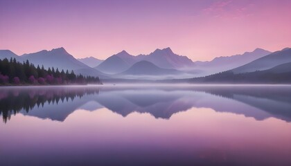 Fototapeta premium A panoramic view of a tranquil lake at dawn, with mist rising from the water and a backdrop of majestic mountains under a pink and purple sky.