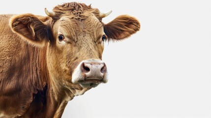 Red angus isolated on white background. Slaughter farm brown cow. Quality meat farming.