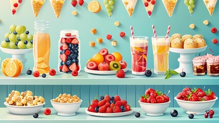 Graduation party flat design, decorated graduation table with snacks and drinks, inviting and festive