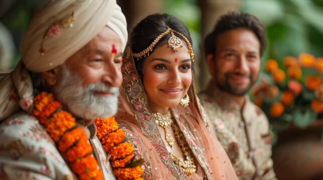 A joyous moment captured during a traditional wedding ceremony with a bride adorned in intricate attire, accompanied by two smiling family members