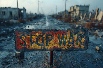Naklejka premium road sign with stop war created with Generative AI technology