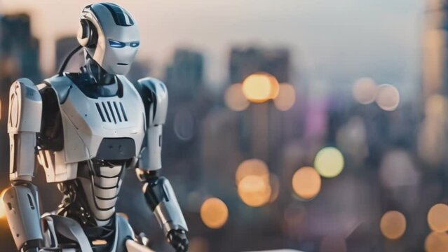 Robot on an abstract blue background. AI. Generated AI