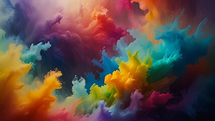 Fototapeta premium Abstract colorful explosion collides on mid air. Holi powder burst isolated on dark background.