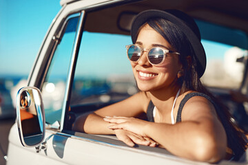 Woman, van and road trip or window resting, friends and fun adventure for summer vacation together in transport. Travel, happy and smile for journey on weekend break, driving and relax in vehicle