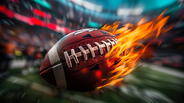 A close-up photo of a football ball on fire flying in the air