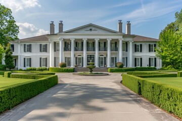 Fototapeta premium Grand White Mansion with Columns and Circular Driveway