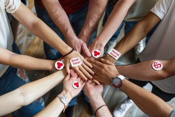 Hands with Blood Donation Stickers: A diverse group of people holding hands and wearing stickers that say "World Blood Donor Day" or "Blood Donor."