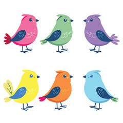 Colorful cartoon birds various hues, simple cute style suitable childrens decor educational material. Six stylized birds feature distinct bright colors designs, perfect nursery artwork flashcards