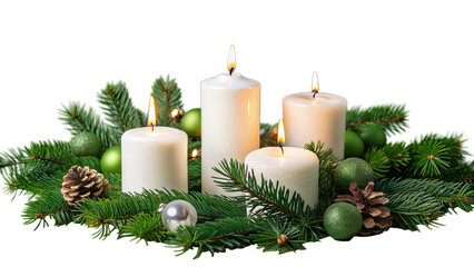 Christmas still life with candle and decorations. Transparent background. Generative AI	