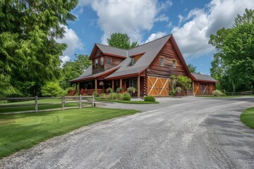 Naklejka premium Rustic Rural Log Cabin with Driveway