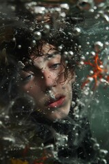 Surreal portrait of young man submerged in water, face covered by bubbles, dreamlike and mysterious atmosphere. Artistic underwater shot of young man, encapsulating his contemplative state surrounded