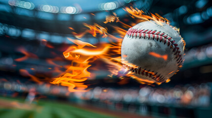 Close-up photo of a baseball ball on fire flying on the air on a baseball stadium 