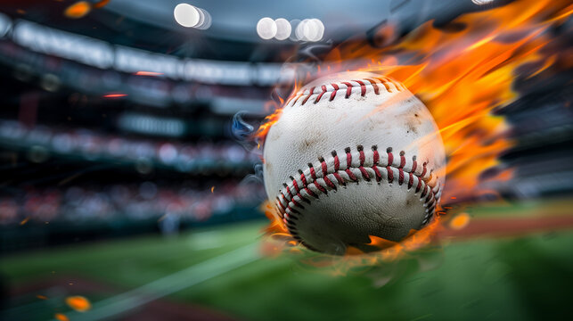 Close-up photo of a baseball ball on fire flying on the air on a baseball stadium 