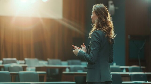 Motivational Speaker Rehearsing Presentation in Empty Theater Room. Spokesperson practicing alone before giving a public presentation